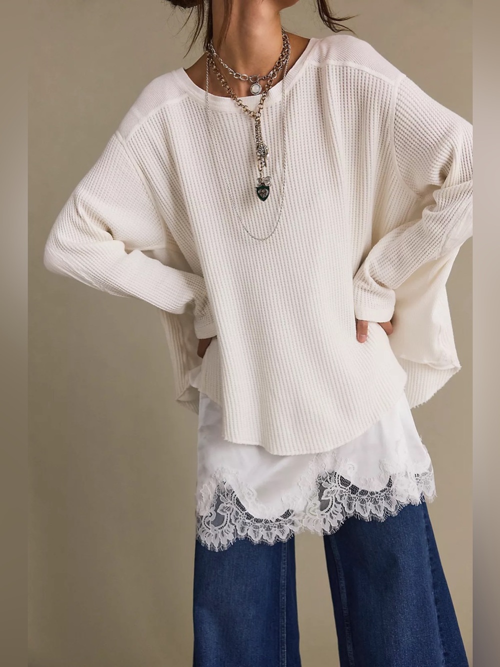 FP One Blake Thermal Waffle Knit Long Sleeve Oversized Top Size XS/S